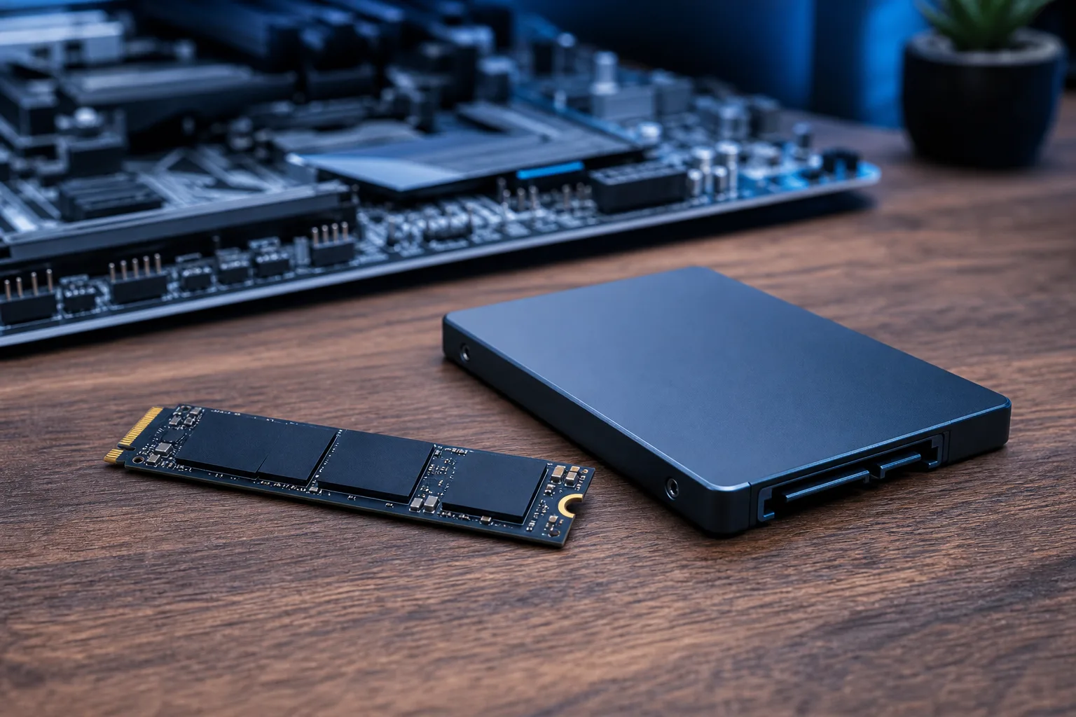 M.2 NVMe SSD and 2.5-inch SATA SSD on a wooden desk with a motherboard partially visible in the background.