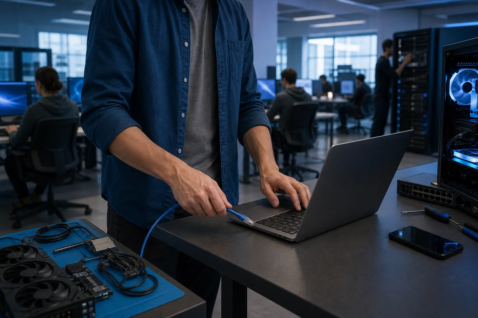 Persona con camisa azul conectando un cable Ethernet a una laptop en un escritorio de pie en una oficina de tecnología con compañeros de trabajo y equipos de servidores