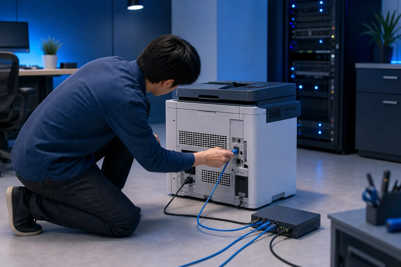 Técnico de TI arrodillado en el piso y conectando un cable Ethernet a la parte posterior de una impresora láser multifuncional de oficina, cerca de un switch de red.