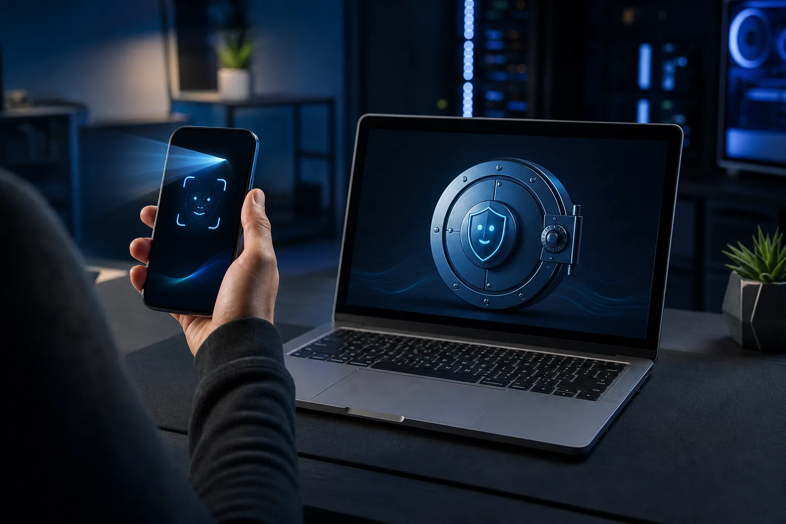 Hand holding smartphone with face-scan UI beside a laptop displaying a vault door with a shield icon, in a dark tech setting