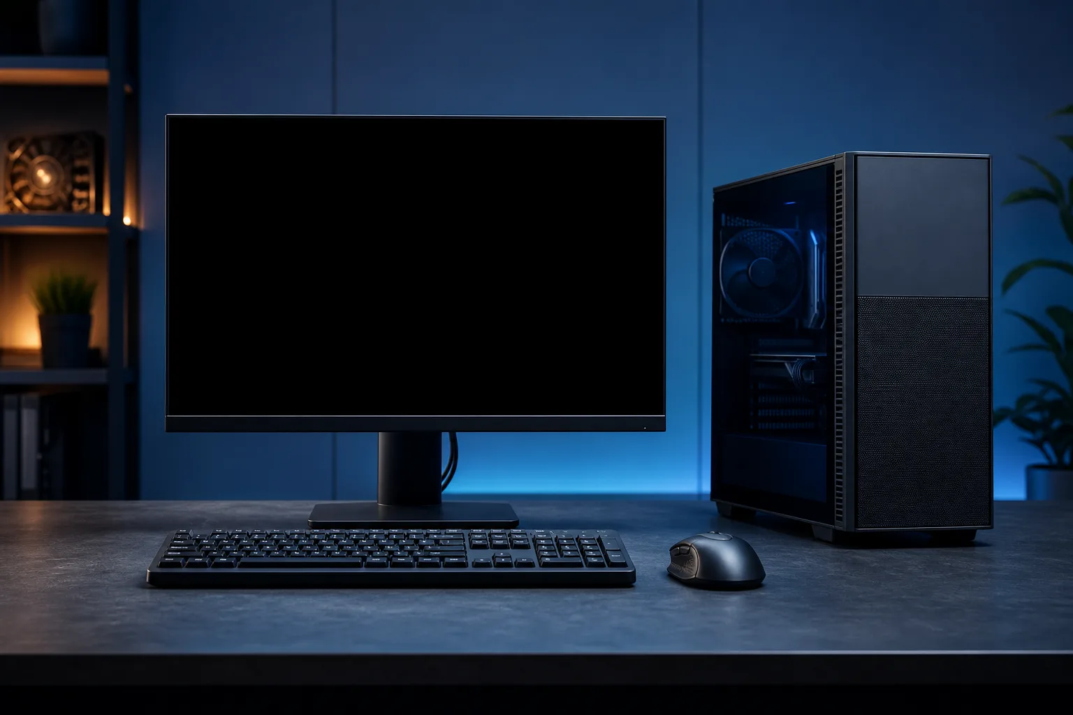 Black desktop PC tower beside a dark monitor, keyboard, and mouse on a desk in a blue-lit room.
