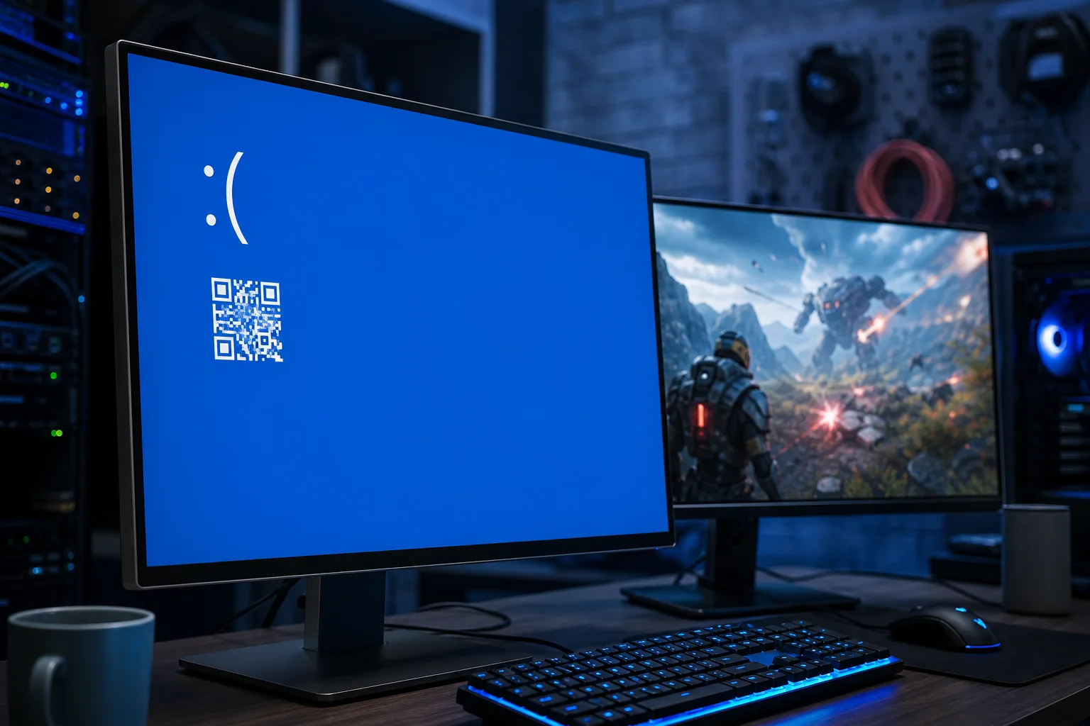 Configuración para videojuegos con dos monitores: la pantalla izquierda muestra la pantalla azul de Windows con una cara triste y un código QR; la pantalla derecha muestra un videojuego de acción.