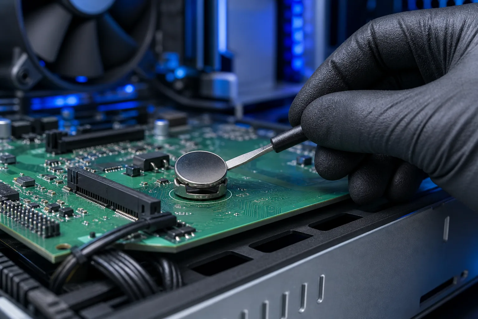Mano con guante negro usando una herramienta plana para retirar una batería tipo moneda CR2032 de una tarjeta madre verde dentro de una PC.