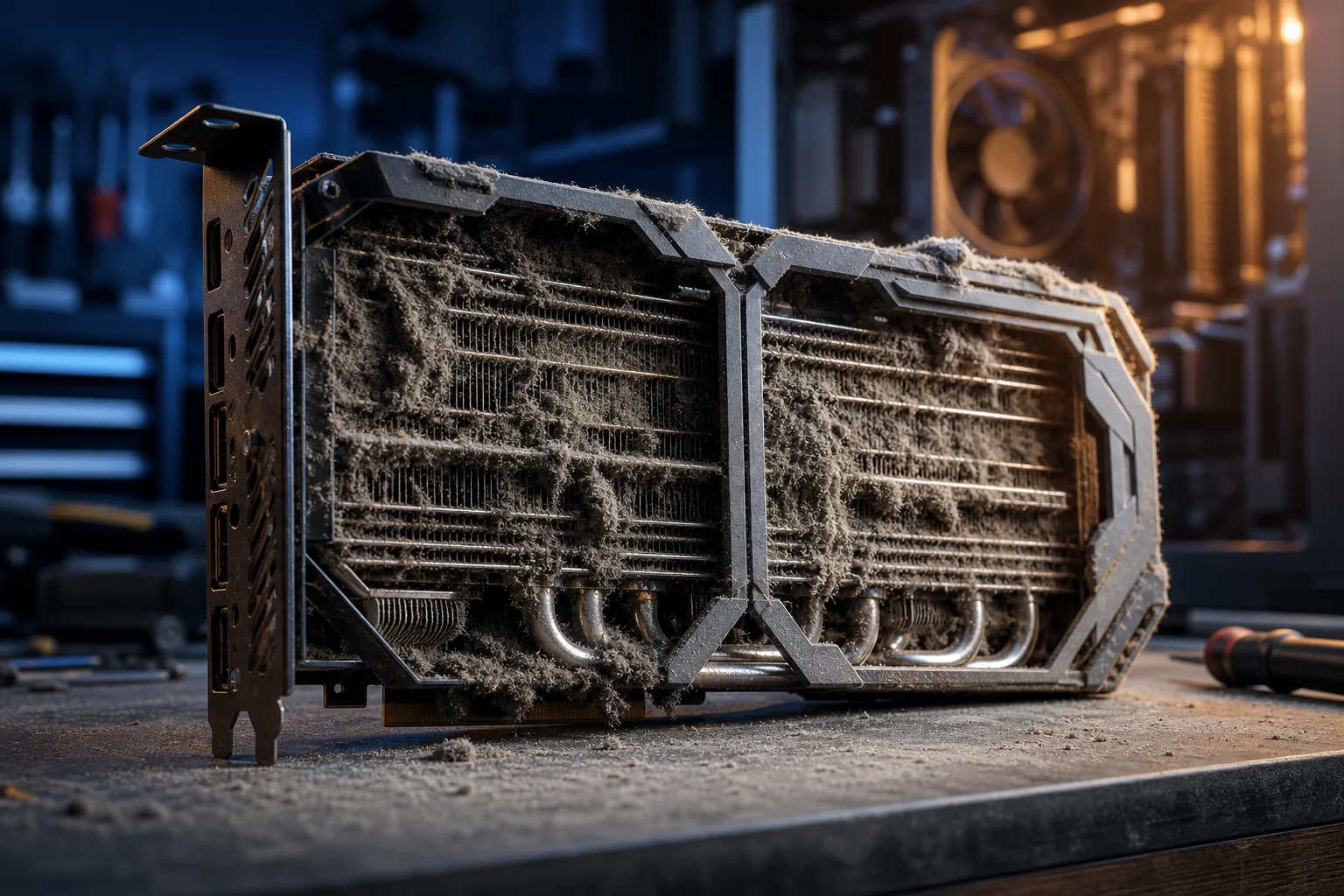 Heavily dust-clogged GPU heatsink with packed fins and heat pipes exposed, sitting on a workbench under blue-toned lighting.