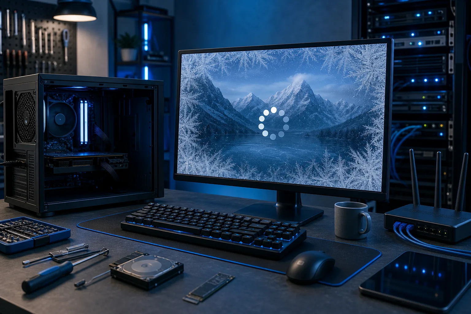 Dark PC repair desk with open tower, monitor showing frozen winter landscape with loading spinner, keyboard, HDD, and router Dark PC repair desk with open tower, monitor showing frozen winter landscape with loading spinner, keyboard, HDD, and router