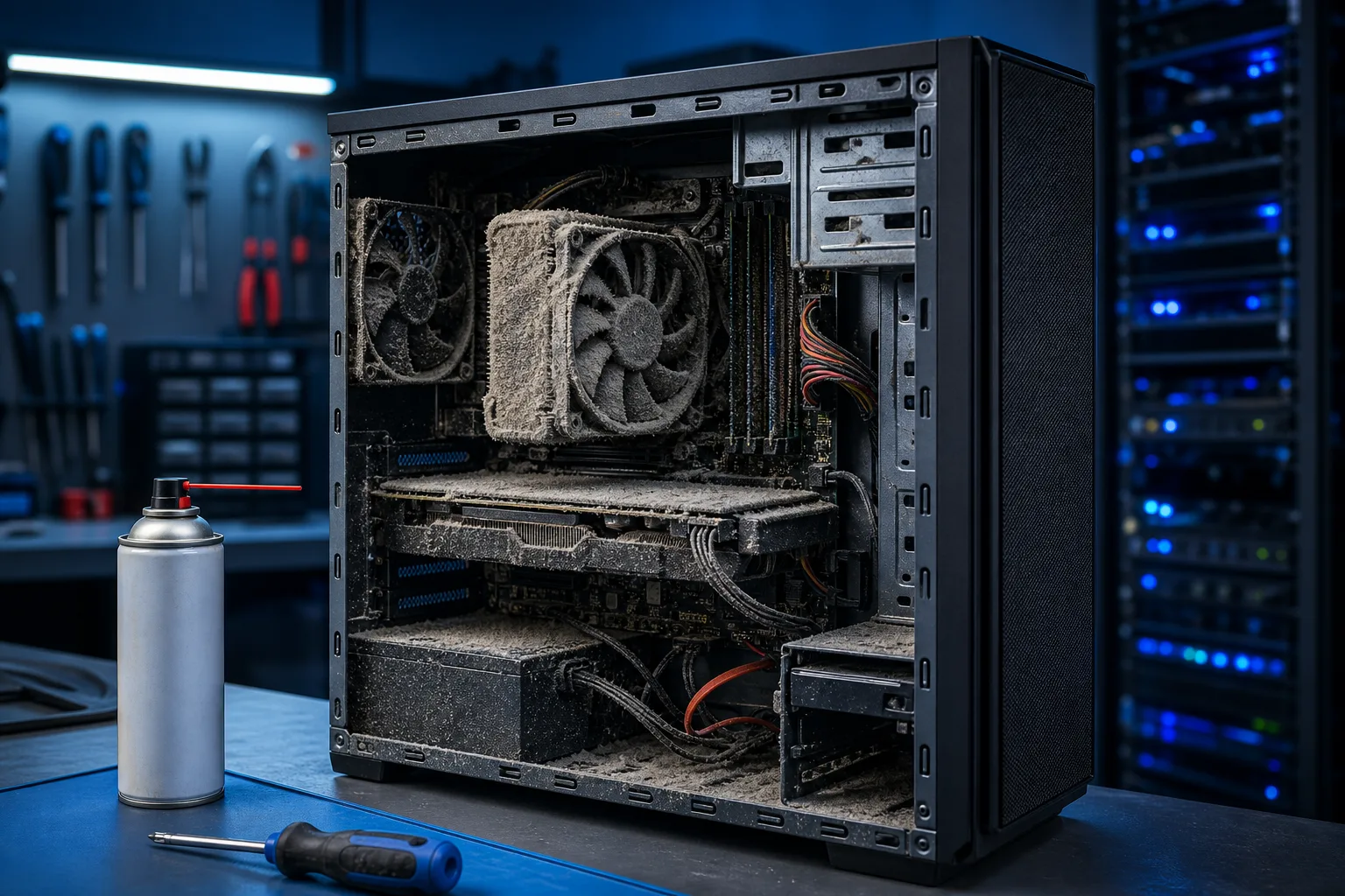 Open dusty PC tower on workbench with heavily dust-clogged fans and heatsink, compressed air can and screwdriver nearby.