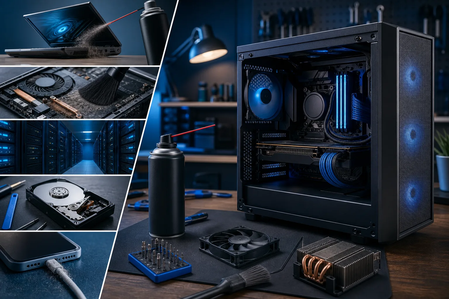 Collage of PC maintenance tools and hardware: laptop dusting, GPU cleaning, server room, HDD, and a blue-lit desktop build with fans and CPU cooler.