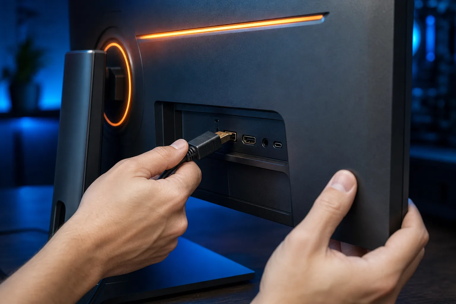 Manos conectando un cable DisplayPort en la parte posterior de un monitor gamer con iluminación RGB y varios puertos visibles.