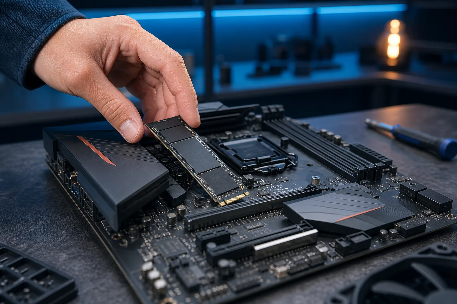 Hand inserting an M.2 NVMe SSD at an angle into a slot on a dark high-end motherboard on a workbench