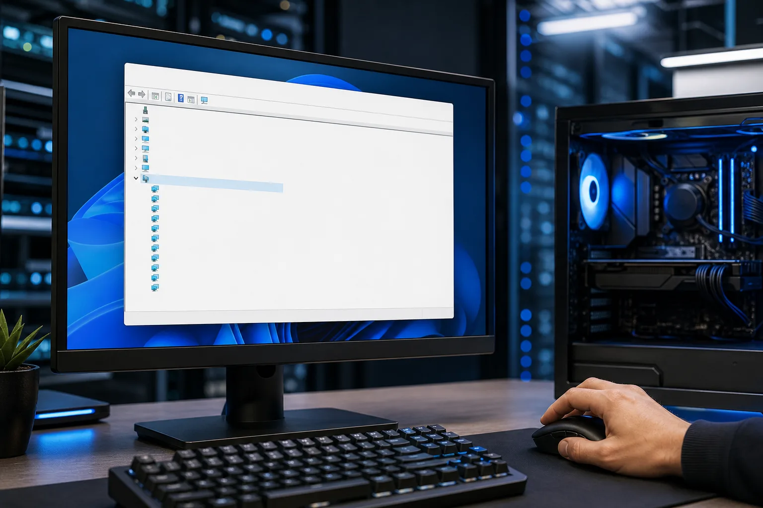 Person's hand on mouse at desk with monitor showing a Device Manager-style tree window, RGB PC tower visible beside it