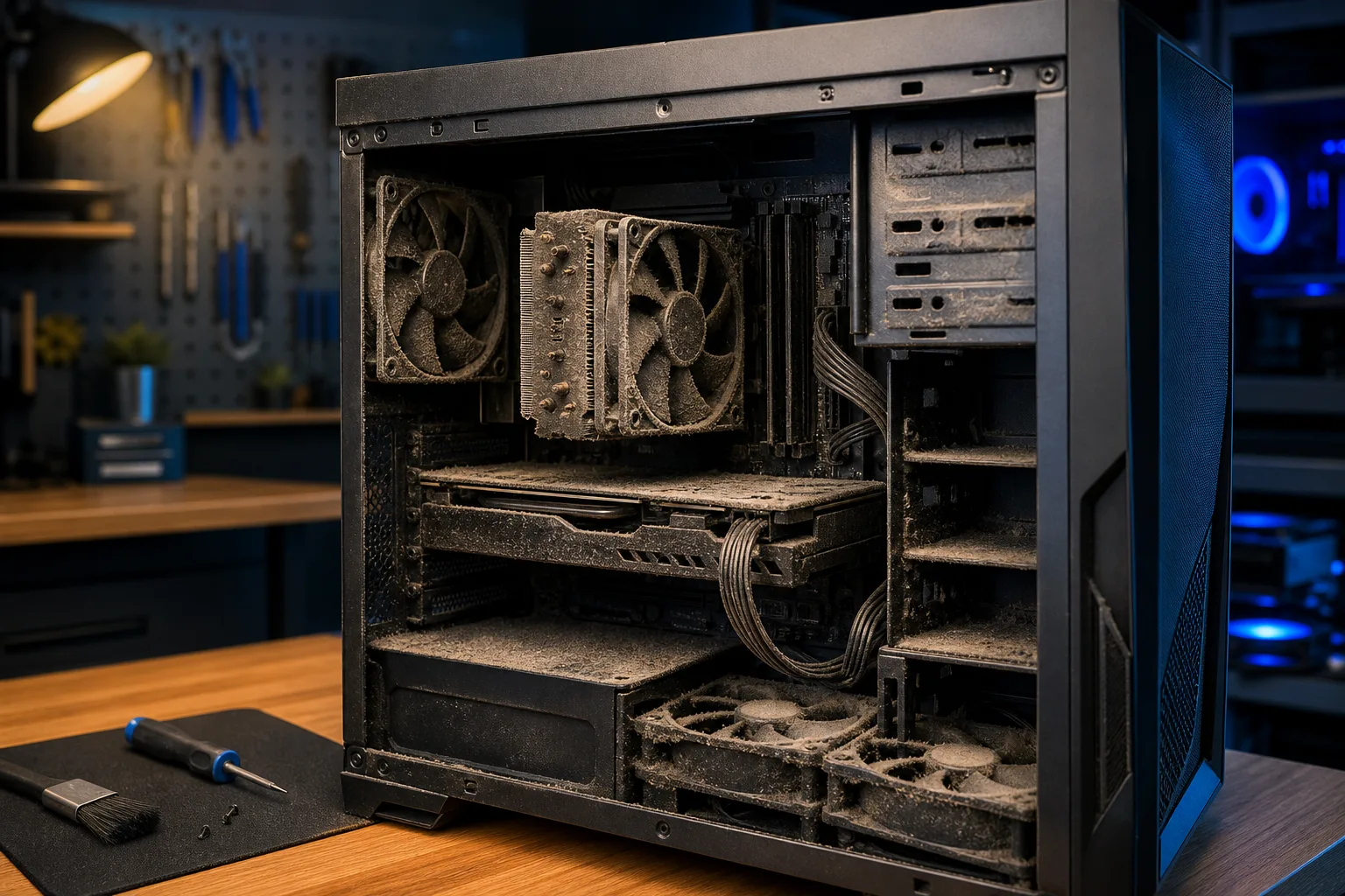 Torre de PC abierta y cubierta de polvo sobre una mesa de trabajo, con un disipador obstruido, ventiladores llenos de polvo y cables bajo una iluminación cálida de taller.