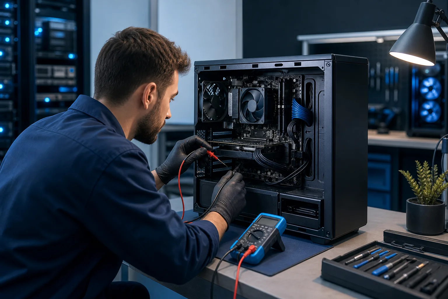 Technician in black gloves uses multimeter probes inside open desktop PC tower at a dimly lit professional workbench.