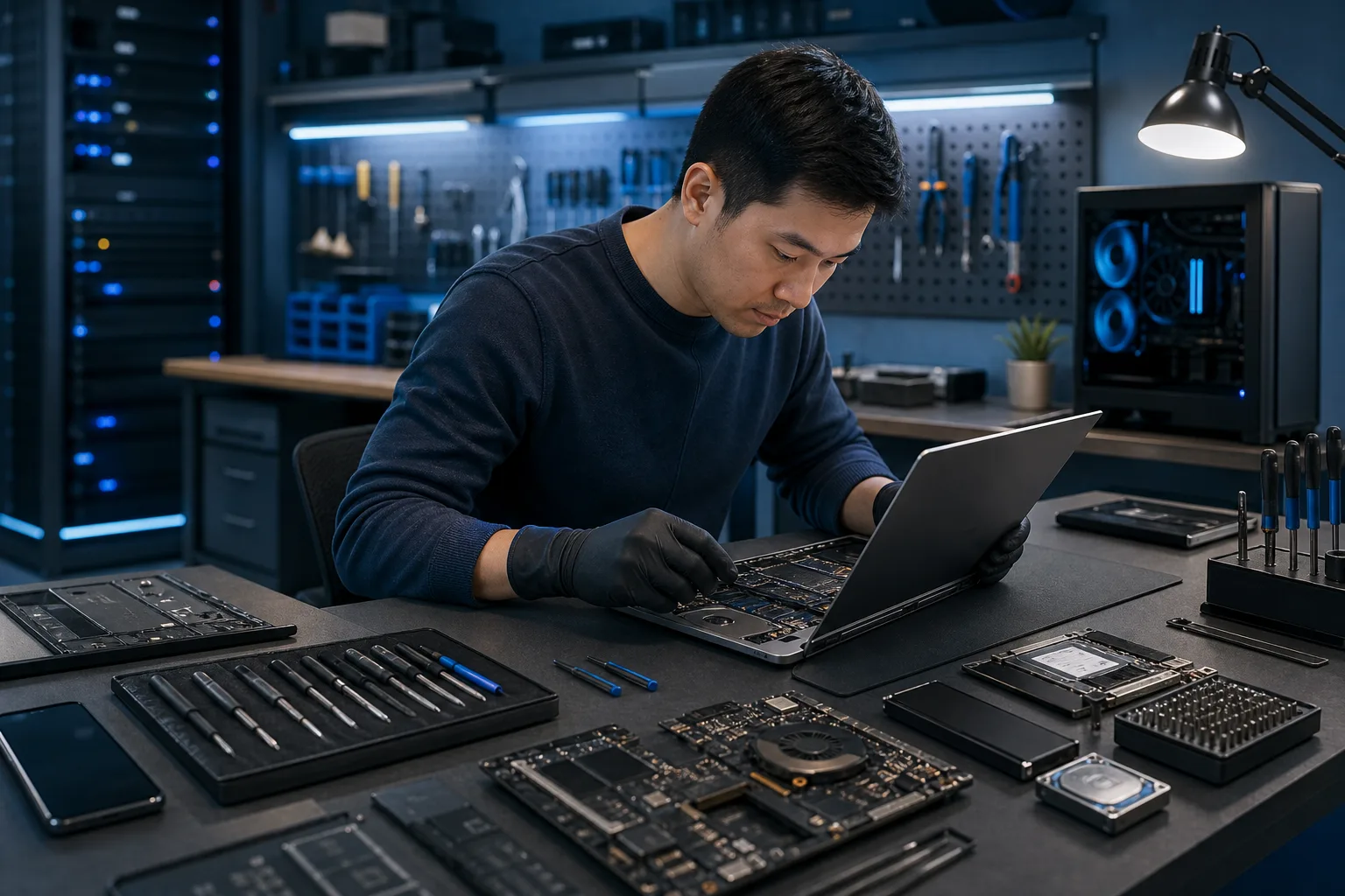 Technician in black gloves disassembles a laptop at a dark workbench surrounded by tools, components, and blue-lit equipment.