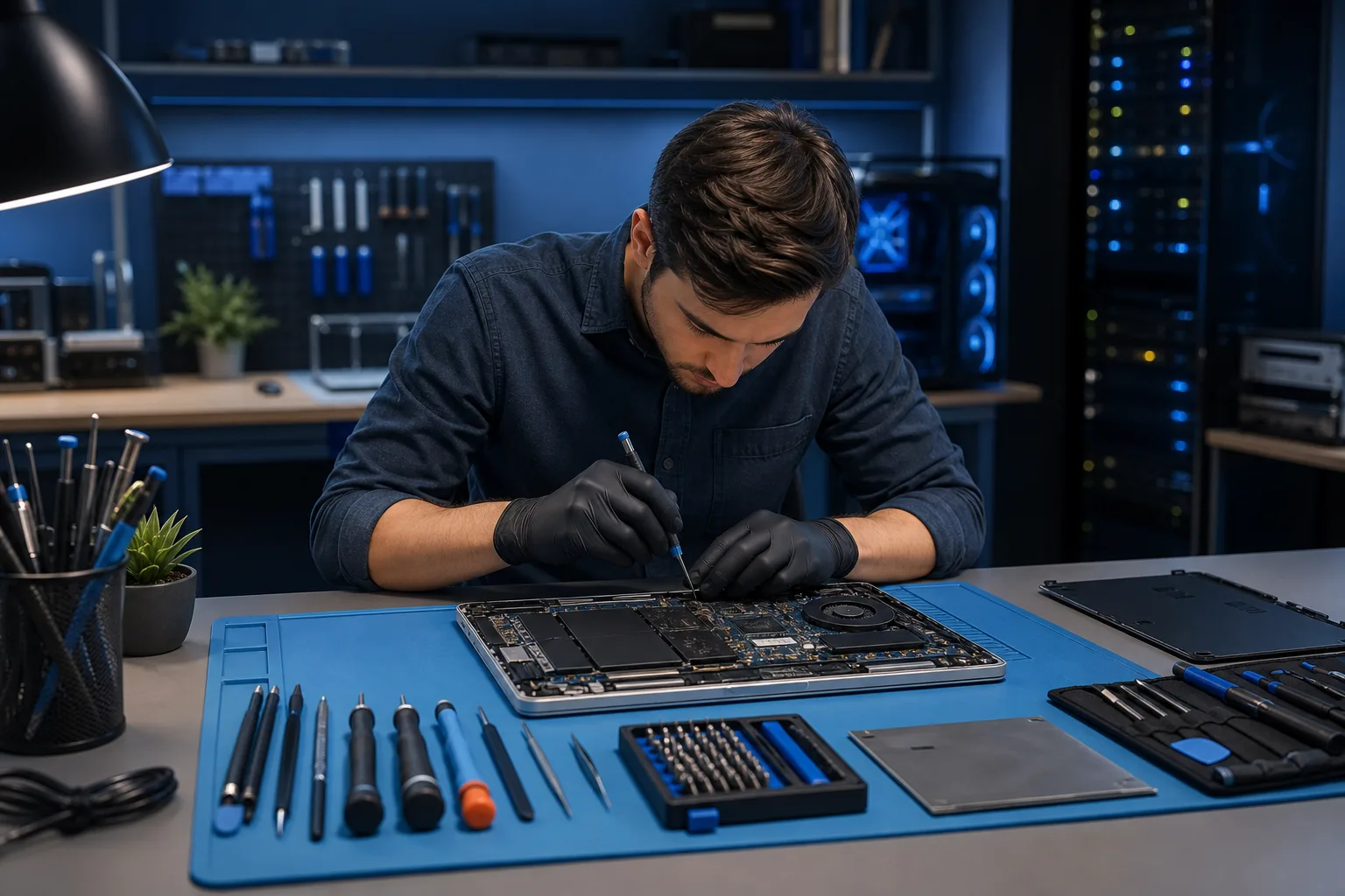 Technician in black gloves uses screwdriver on open laptop motherboard at blue repair mat with precision tools laid out nearby.