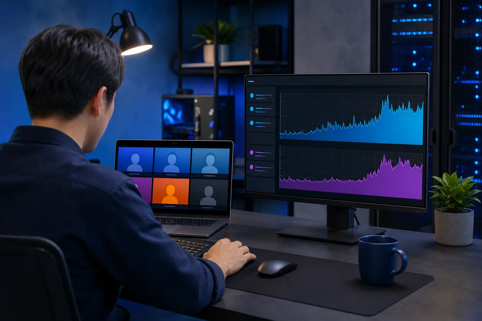 Person at desk viewed from behind, laptop showing video call grid, large monitor displaying analytics charts, dark office setting.