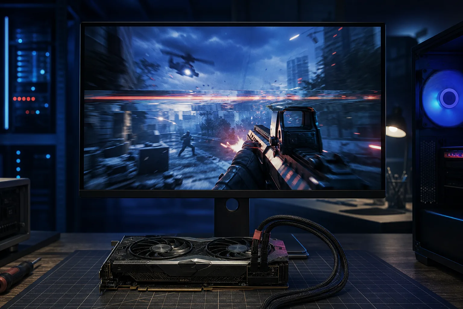 Gaming monitor showing FPS shooter with horizontal screen tear, GPU and liquid cooler on desk in blue-lit room