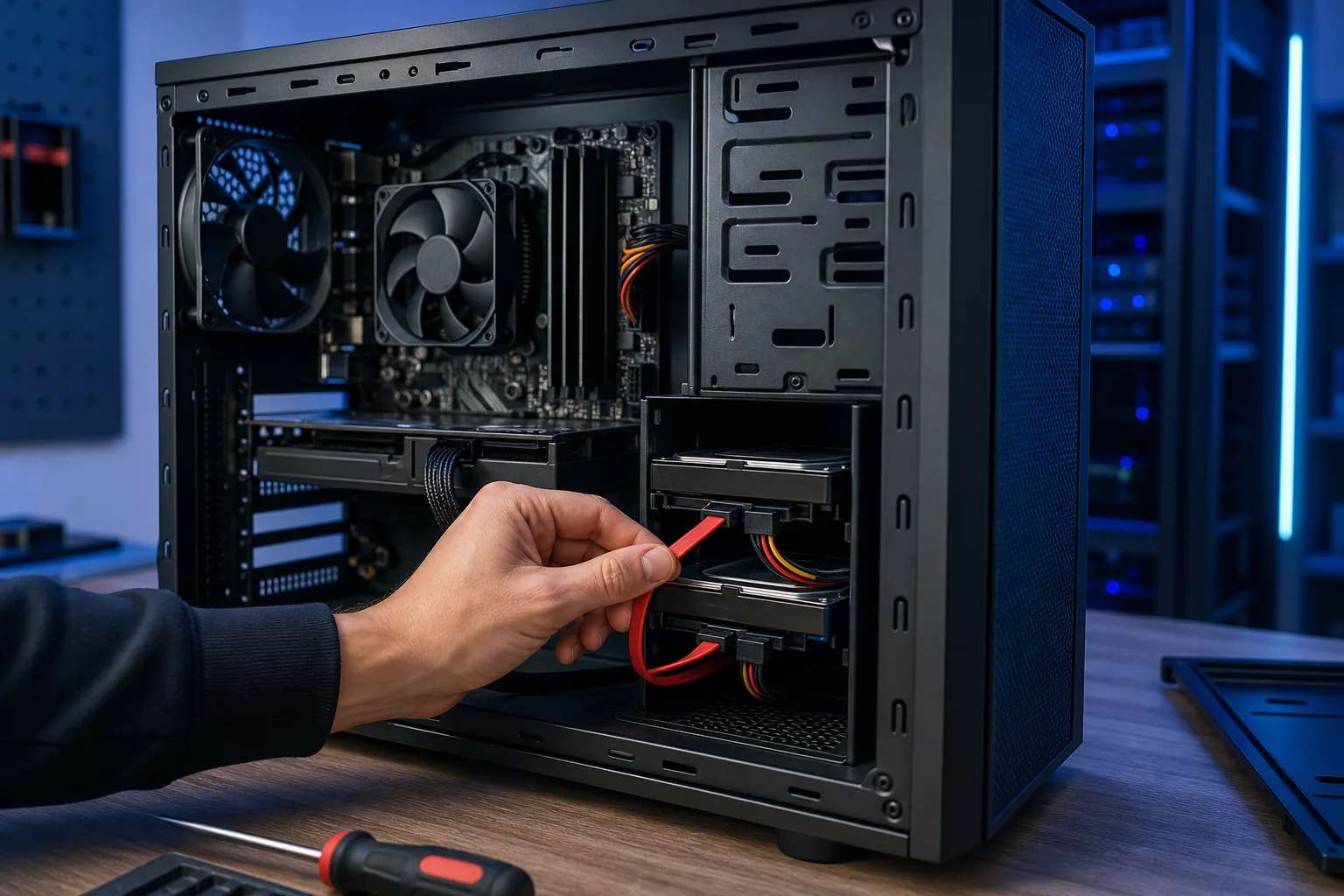 Persona conectando un cable SATA rojo a discos duros dentro de una PC negra tipo torre mediana, con la tarjeta madre y los ventiladores visibles.