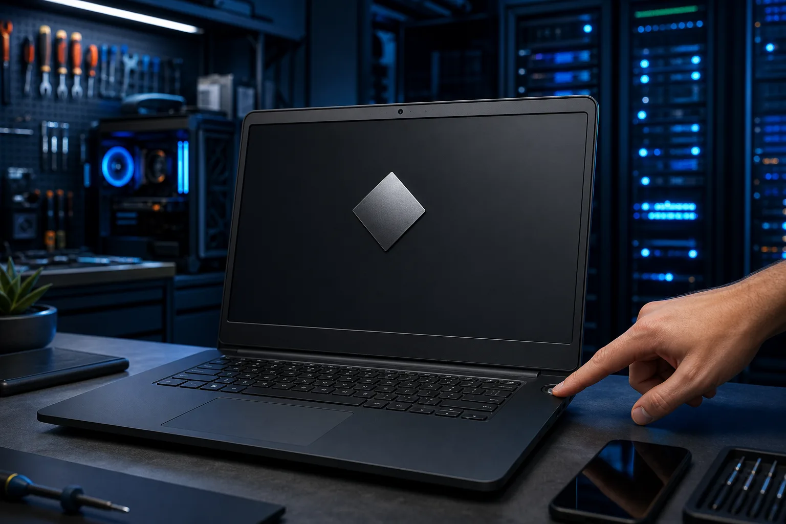 A hand pressing the power button of a dark laptop with a diamond logo on screen, on a desk in a blue-lit tech workspace.