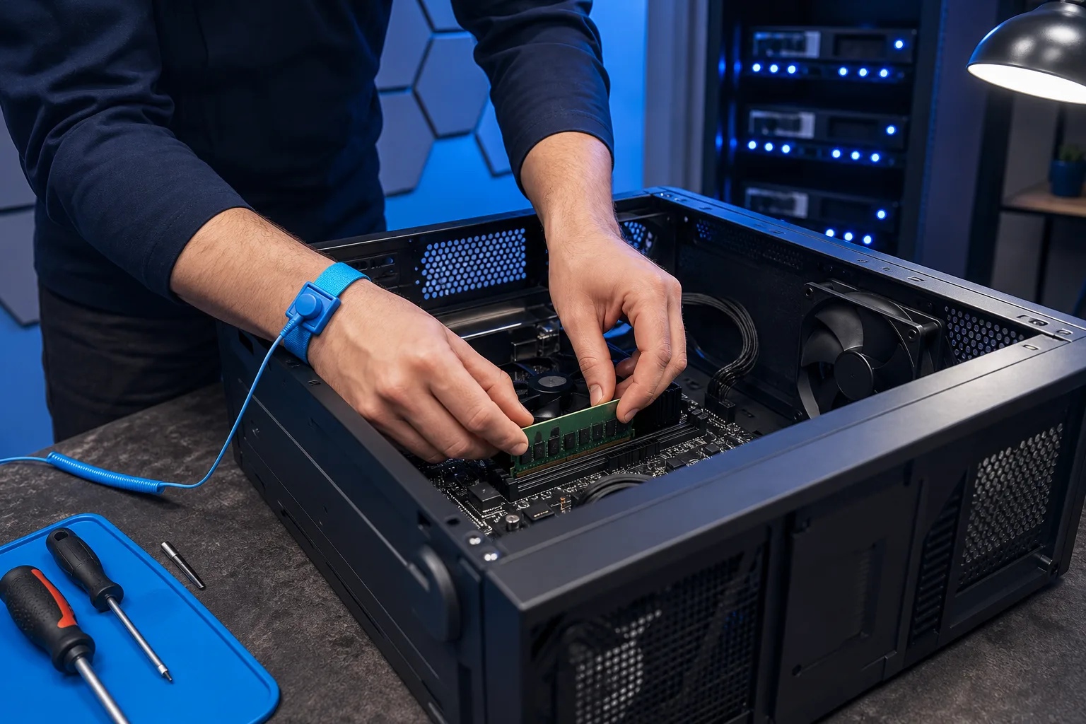 Person wearing blue anti-static wrist strap installing a RAM stick into a motherboard inside an open desktop PC case.