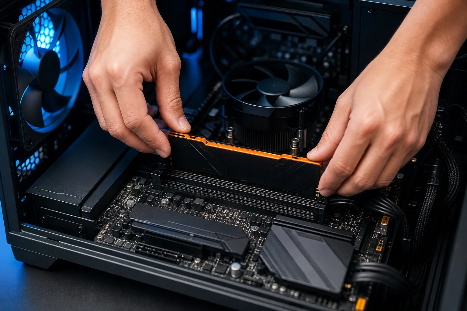 Two hands installing an orange-accented RAM stick into a black motherboard inside an open ATX PC case with blue LED fans.