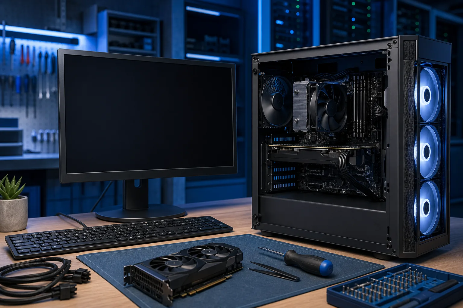 Open ATX PC case with blue RGB fans and CPU cooler on a desk beside a blank monitor, GPU, screwdriver, and tweezers.