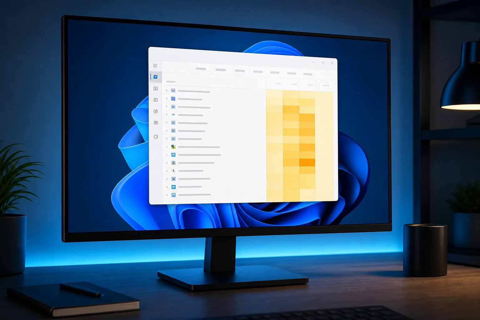Un monitor sobre un escritorio muestra el escritorio de Windows 11 con una ventana de aplicación abierta que presenta una lista de procesos con una cuadrícula de mapa de calor amarilla.