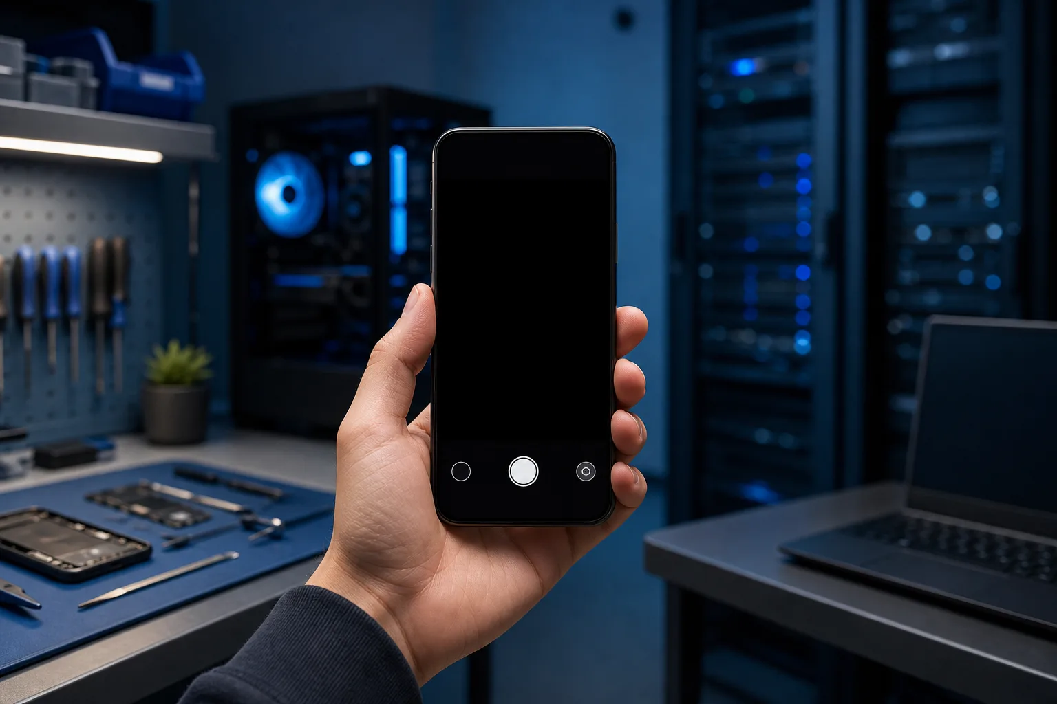 Hand holding smartphone with black camera viewfinder screen in a tech workshop with blue-lit PC and server racks behind.