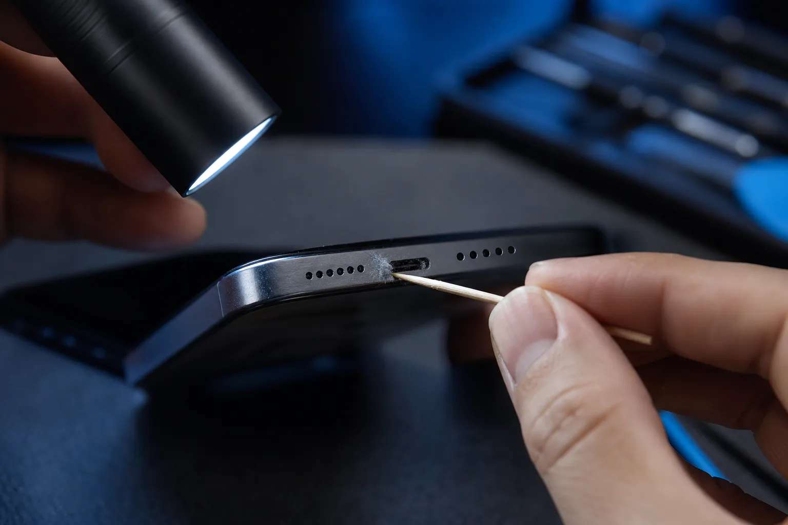 Hands using a wooden toothpick to clean lint from a smartphone's USB-C port while illuminating it with a small flashlight.