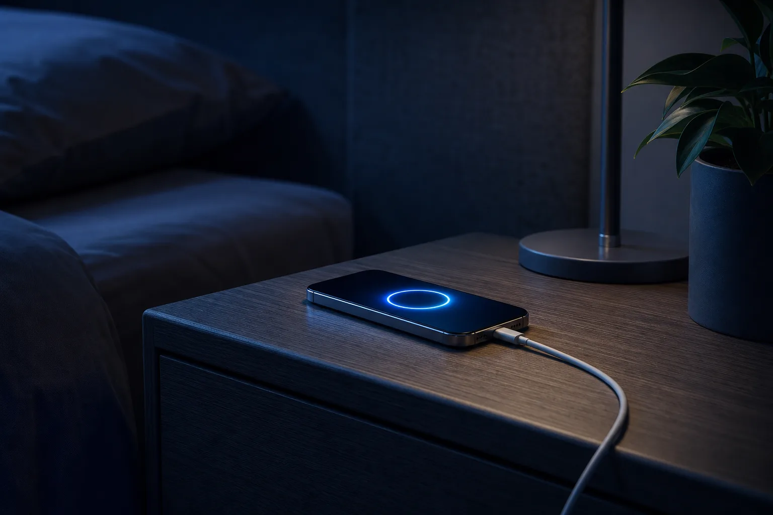 Smartphone with glowing blue circle on screen charging via cable on wooden nightstand beside a dark bedroom bed.
