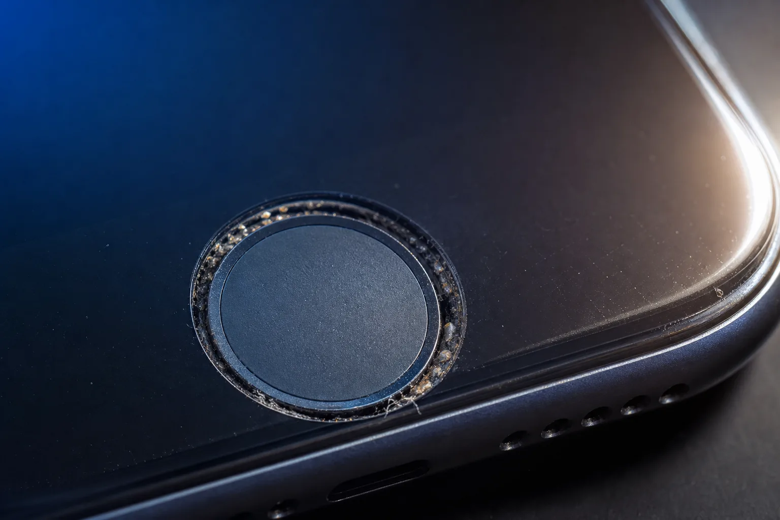 Extreme close-up of a dirty iPhone home button with grime and lint packed around its circular seam, dramatic lighting.