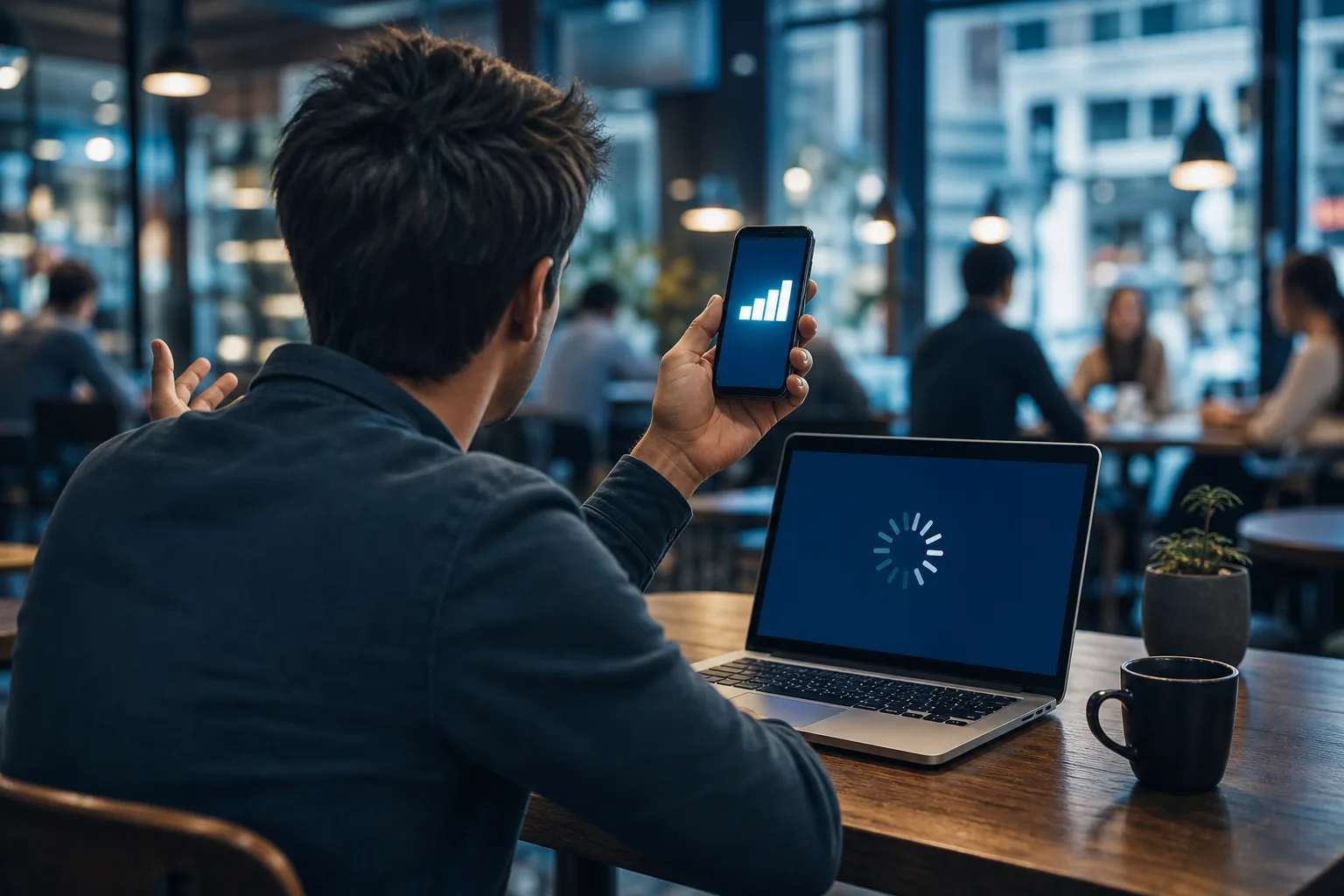 Man in café holds phone showing signal bars toward laptop displaying loading spinner, coffee cup on wooden table