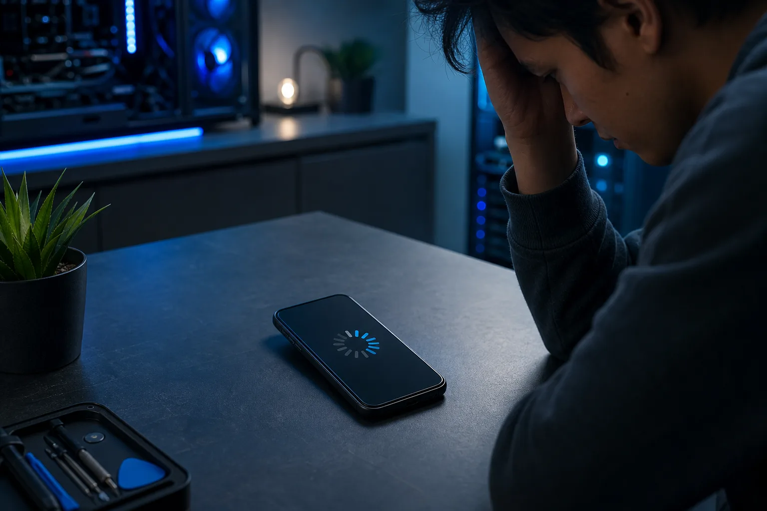 Person resting head in hand looking at smartphone on dark desk showing a blue loading spinner animation.