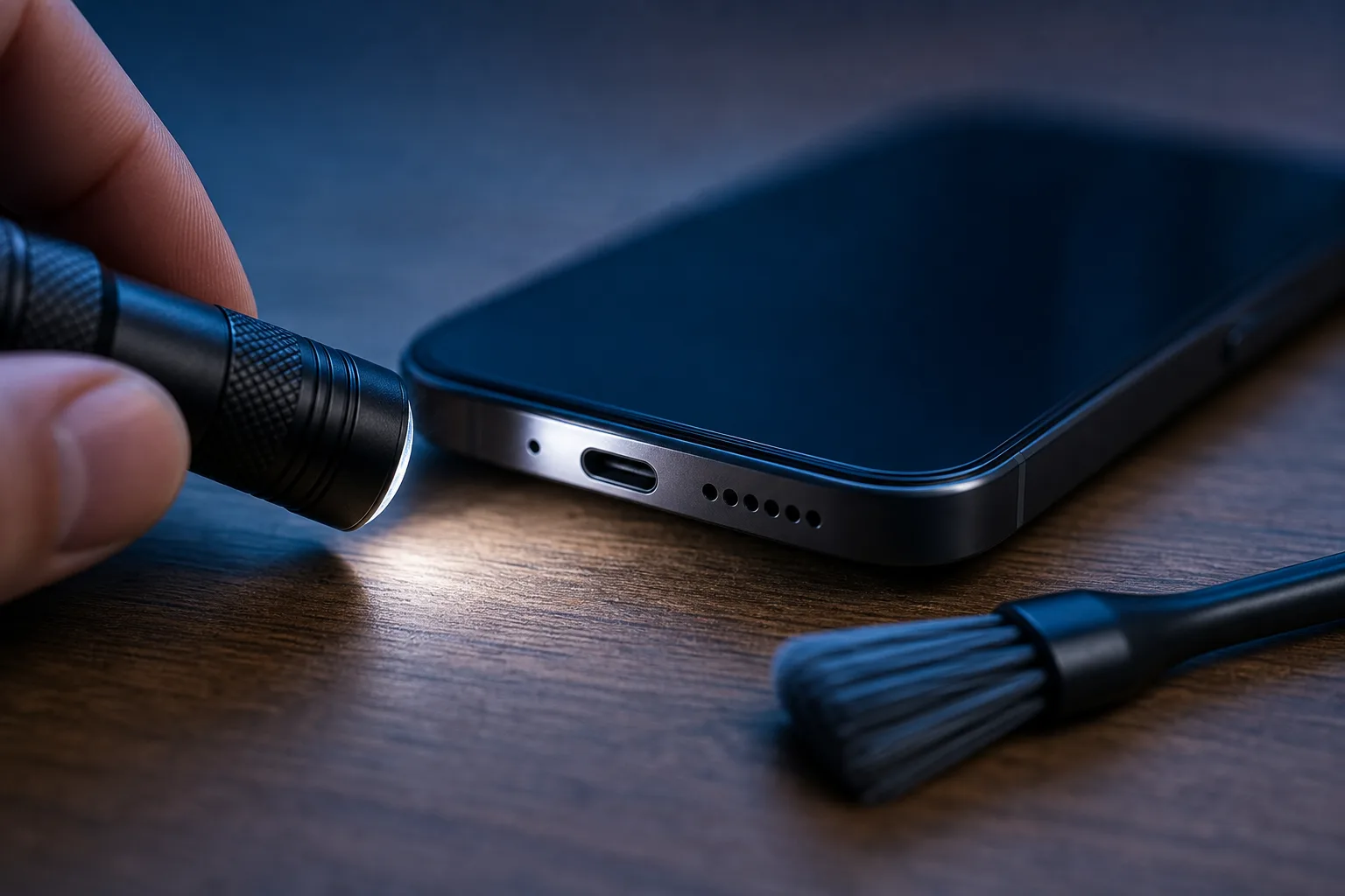 Una mano sostiene una linterna pequeña que ilumina el orificio del micrófono cerca del puerto USB-C de un teléfono inteligente sobre una superficie de madera.