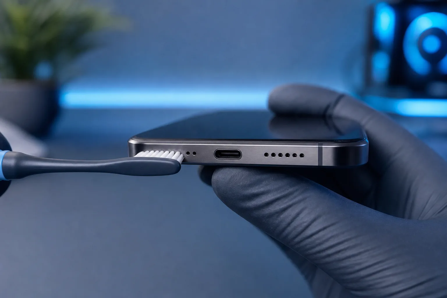 Manos con guantes sostienen un teléfono inteligente mientras un cepillo pequeño limpia el borde inferior, cerca del orificio del micrófono y el puerto USB-C.