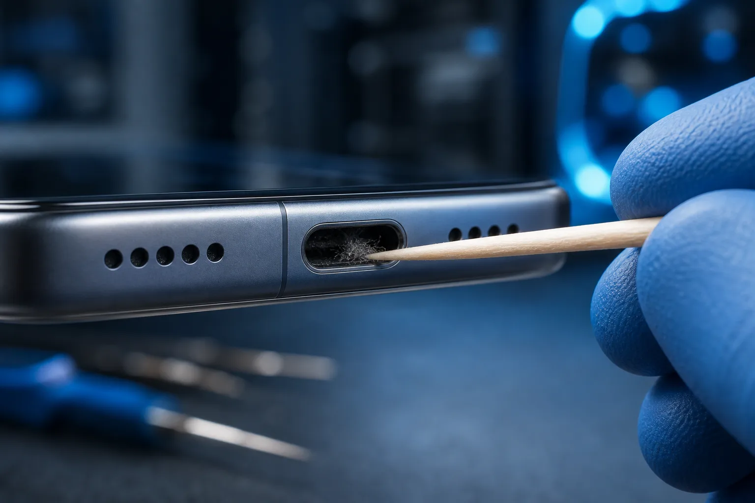 Gloved hand using a wooden toothpick to remove lint from a smartphone's USB-C charging port, close-up macro shot.