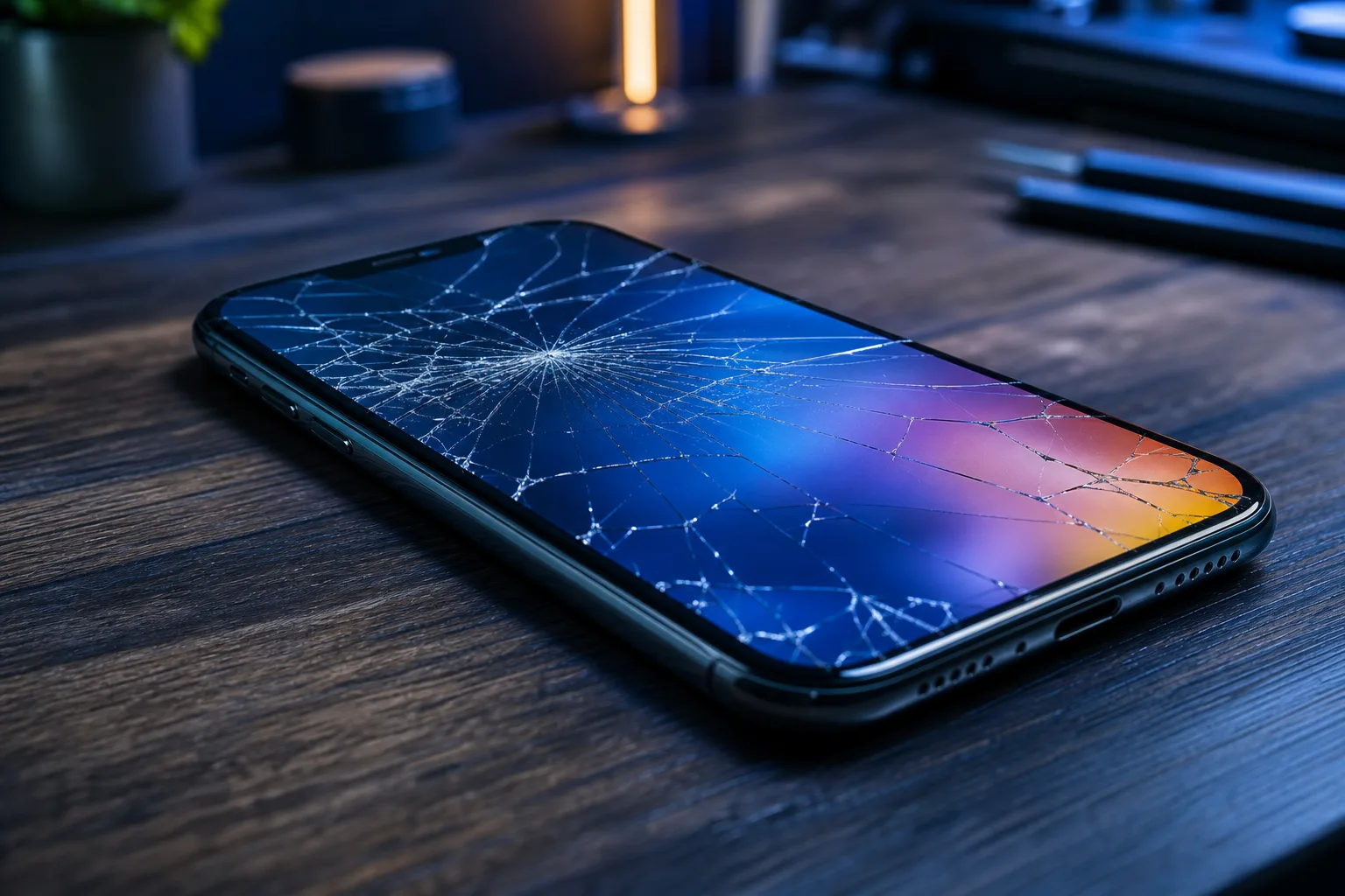 Cracked smartphone with spiderweb fracture pattern on screen, displaying colorful gradient wallpaper, lying on dark wooden desk