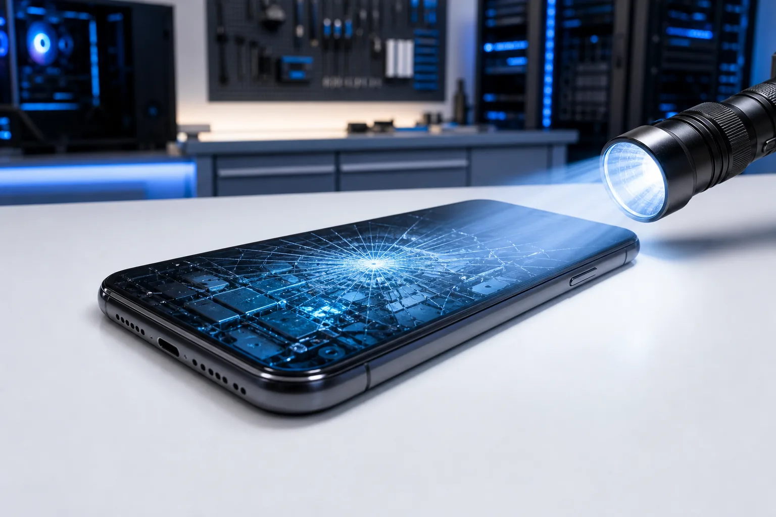 Cracked smartphone face-up on white surface illuminated by flashlight, showing starburst crack pattern with blue glow, tech lab background