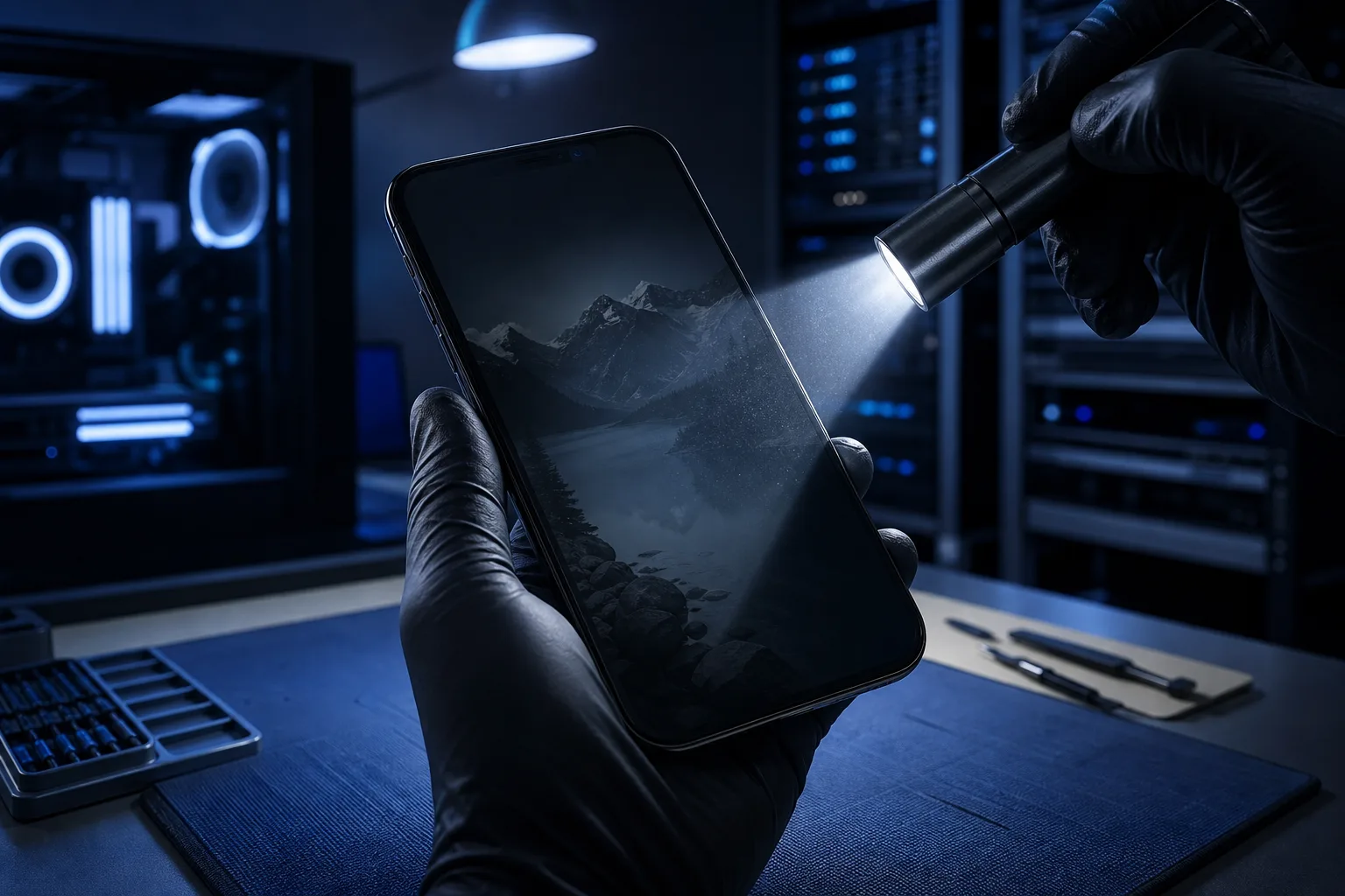 Manos con guantes sostienen un teléfono inteligente y una linterna en un ángulo de 45° dentro de una sala de servidores oscura, iluminando la pantalla del teléfono.