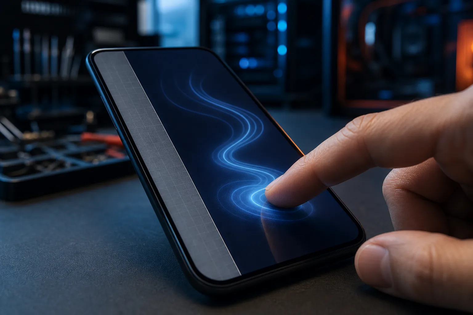 Finger pressing a smartphone screen displaying blue glowing wave lines, with a gray vertical strip along the left edge of the display.
