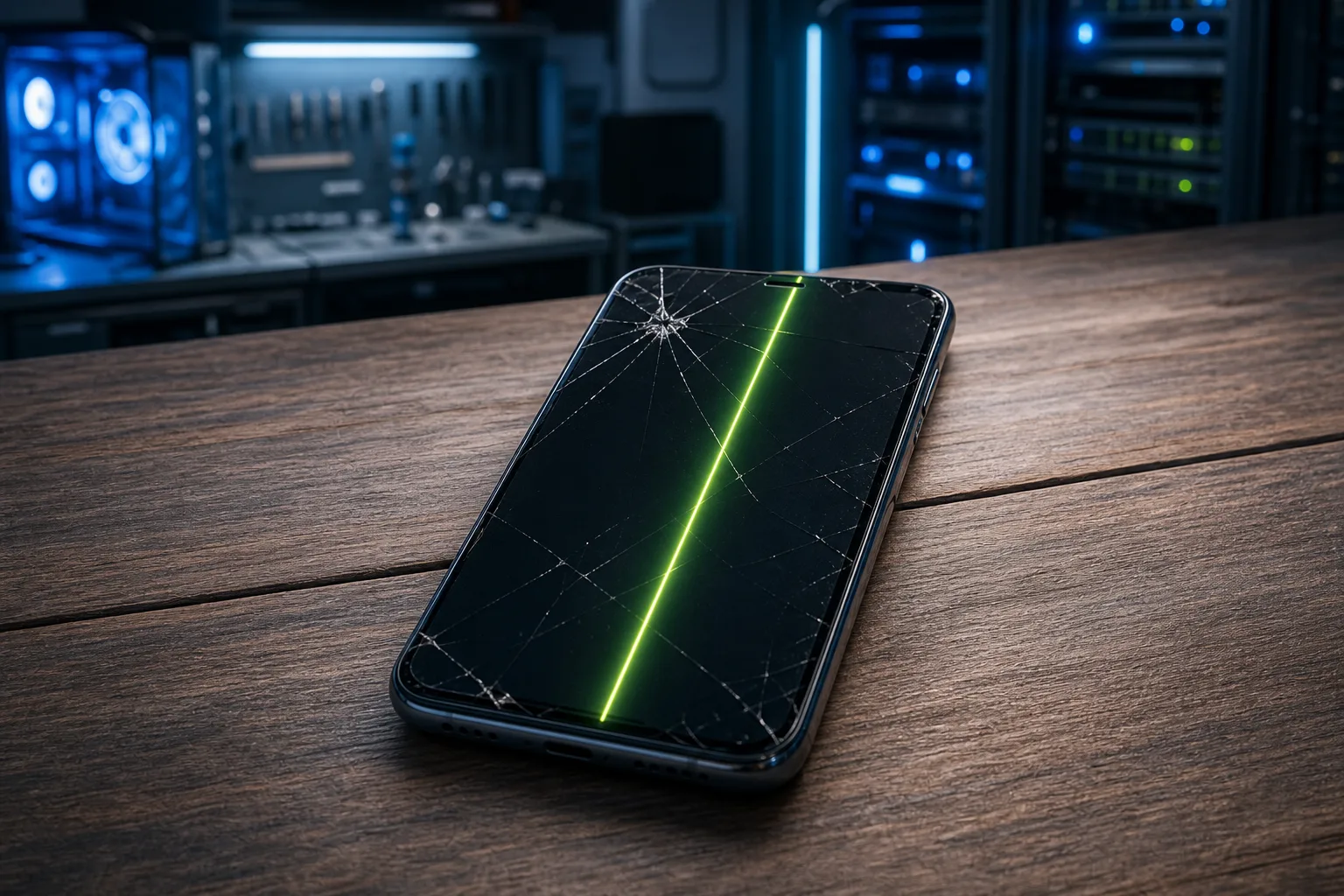 Teléfono inteligente agrietado boca arriba sobre una superficie de madera, con una línea vertical verde brillante en la pantalla y equipos tecnológicos visibles al fondo.
