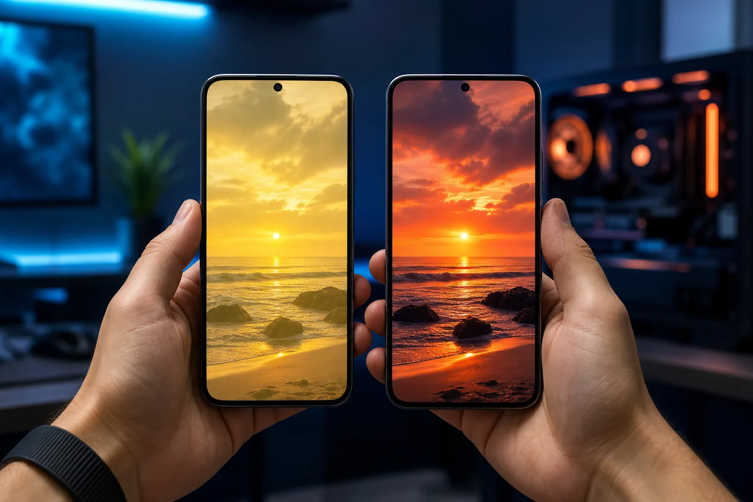 Dos manos sostienen teléfonos inteligentes que muestran la misma puesta de sol en la playa; la pantalla izquierda se ve amarilla y cálida, mientras que la derecha muestra tonos rojo anaranjado más intensos.
