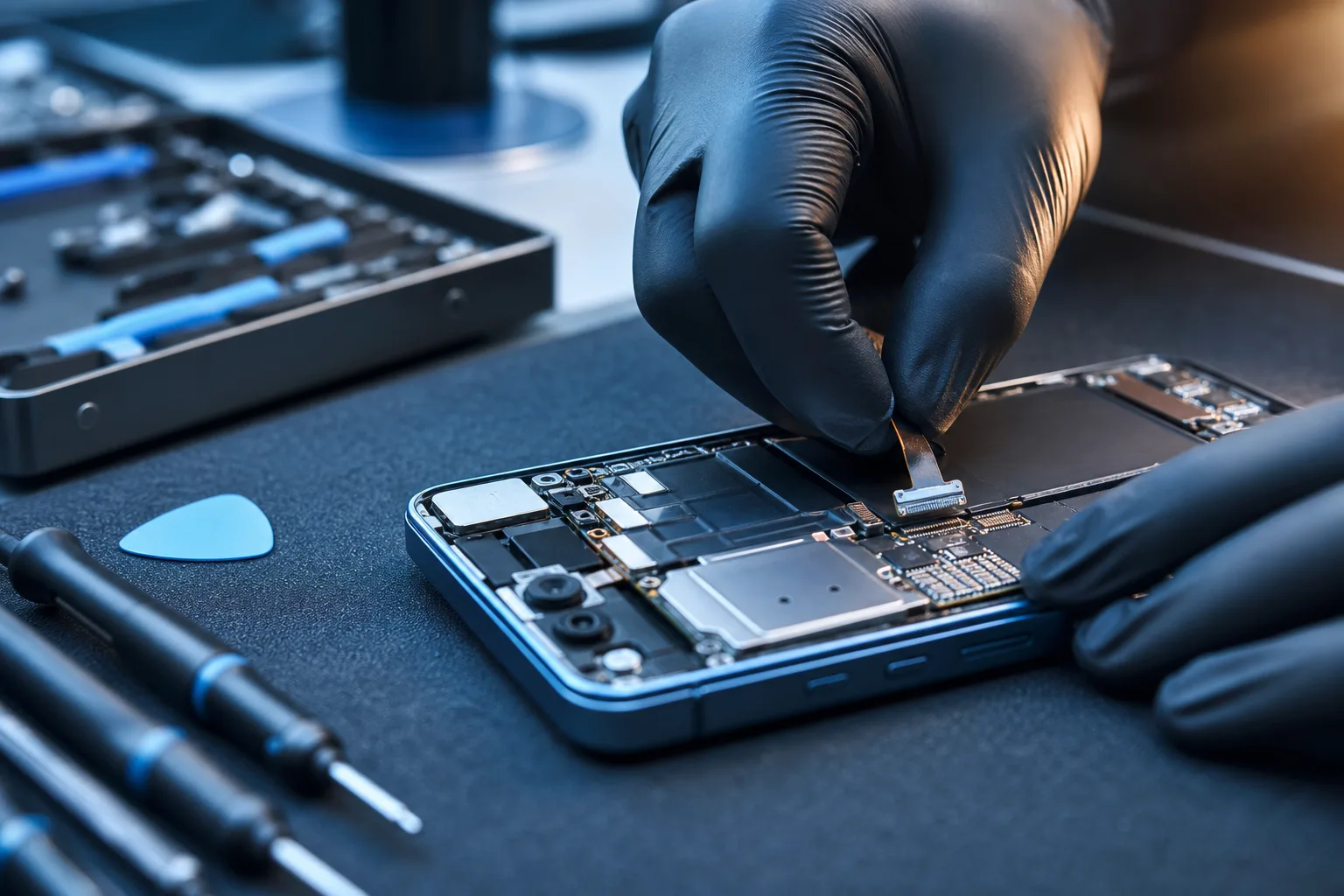 Gloved hands reconnecting a ribbon cable on an open smartphone motherboard, with repair tools on a dark mat nearby.