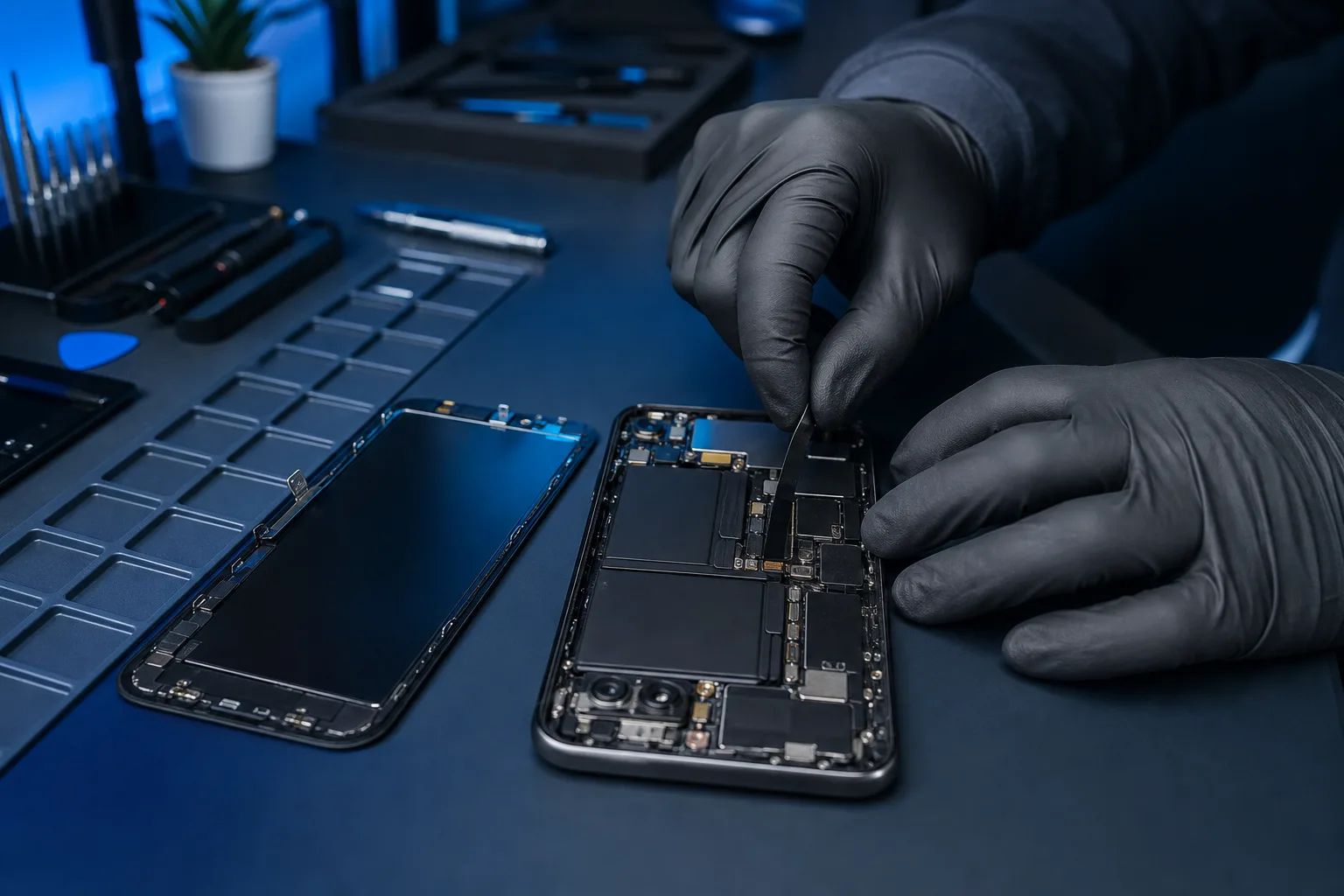 Gloved hands disconnecting a ribbon cable inside an open smartphone, detached screen beside it on a repair mat.