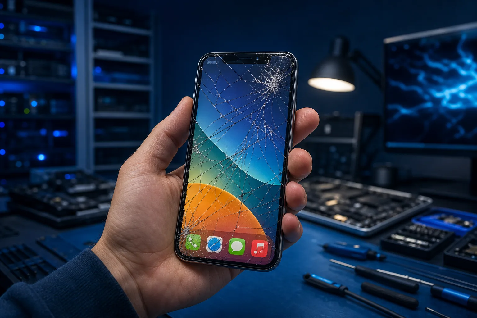 Mano sosteniendo un iPhone con la pantalla muy agrietada, la imagen aún visible, y herramientas de reparación y banco de trabajo al fondo.
