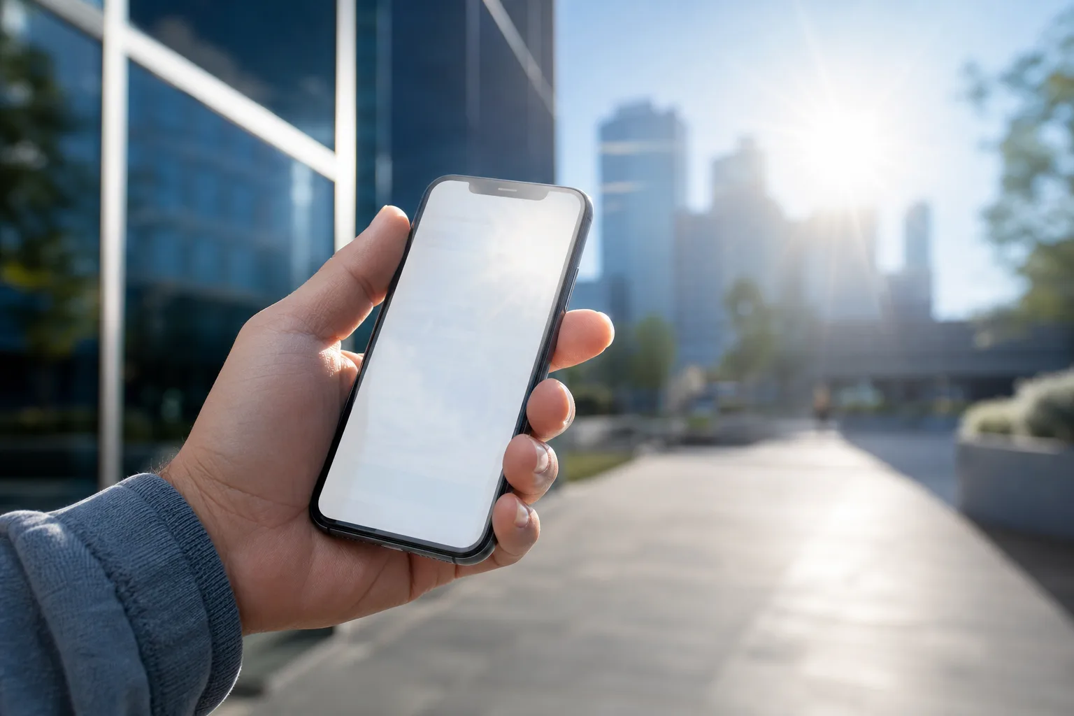 Hand holding a smartphone with a bright white washed-out screen outdoors in direct sunlight, urban buildings in background