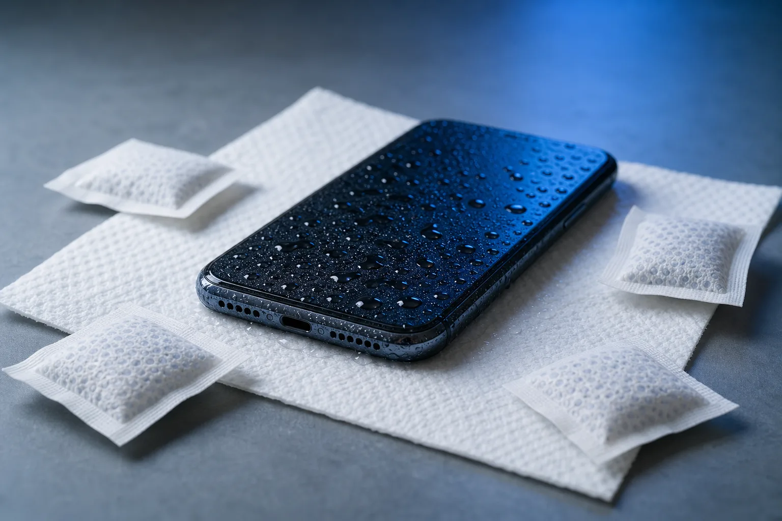 Teléfono inteligente oscuro y mojado, colocado boca arriba sobre una toalla de papel y rodeado de sobres de gel de sílice en una superficie gris