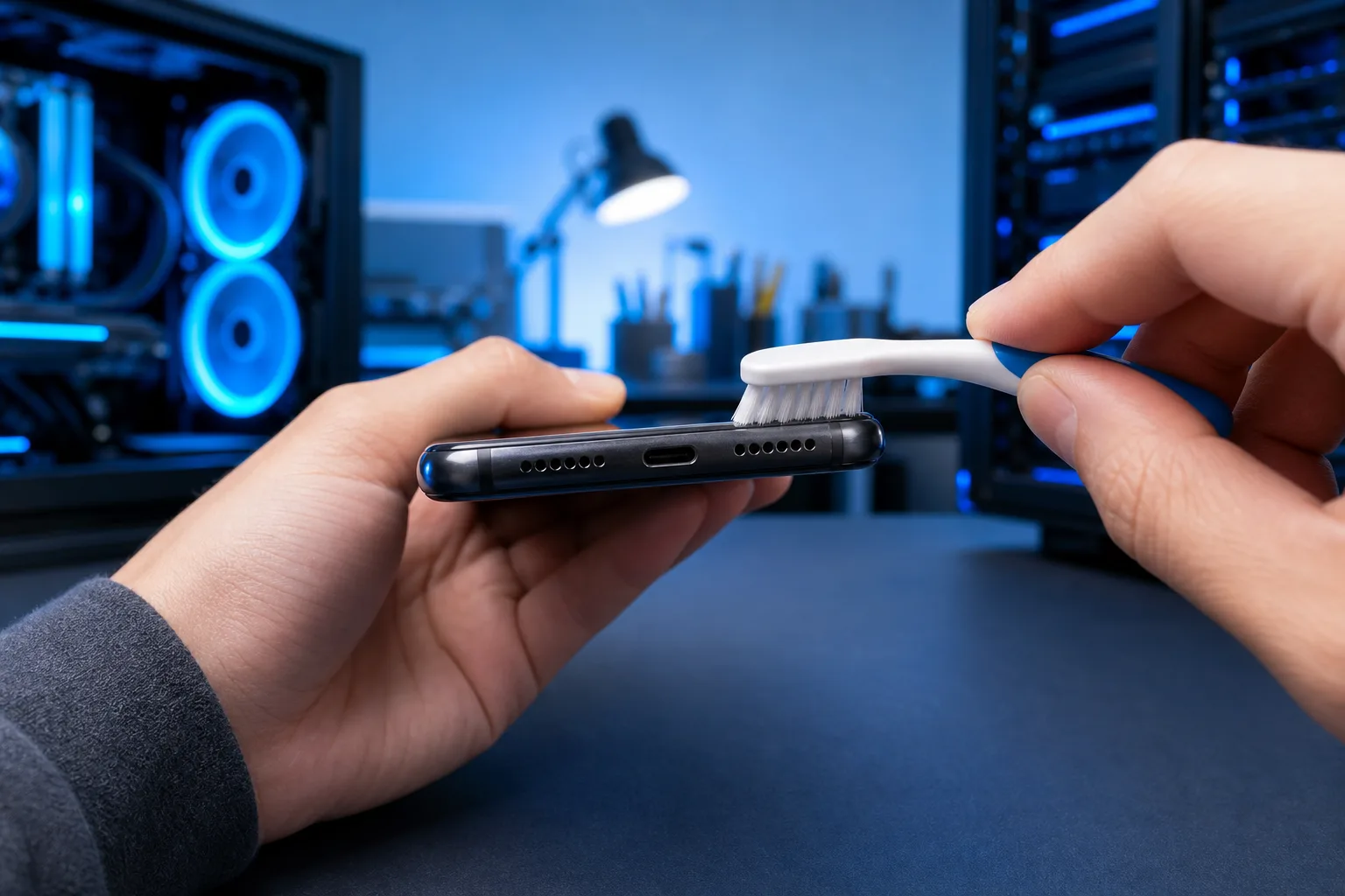 Manos limpiando el puerto USB-C y la rejilla del altavoz de un teléfono inteligente con un pequeño cepillo blanco de cerdas suaves en un espacio de trabajo tecnológico iluminado con luz azul.