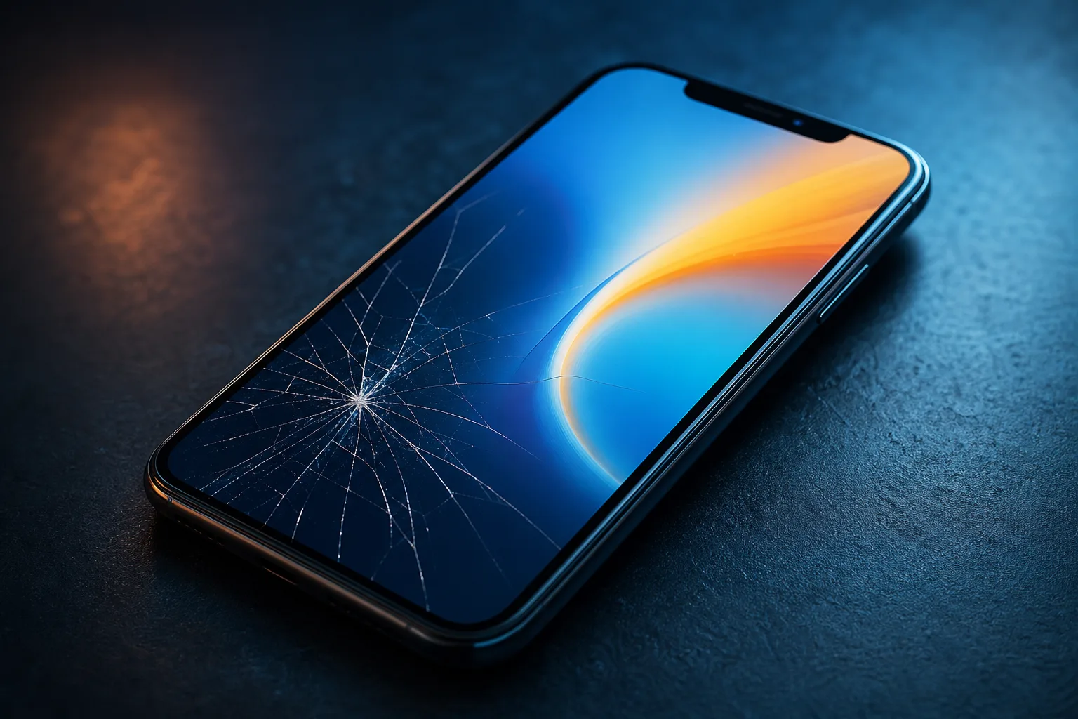 Smartphone with cracked screen displaying blue and orange gradient wallpaper, lying on dark surface with dramatic lighting