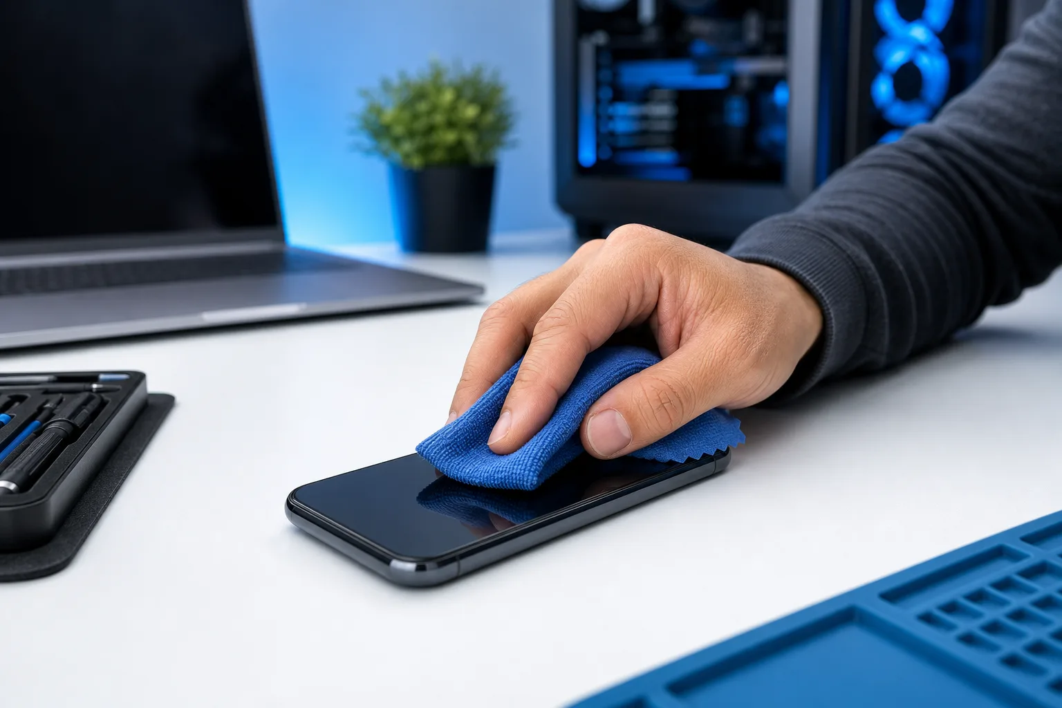 Una mano limpia la pantalla de un teléfono inteligente con un paño de microfibra azul sobre un escritorio blanco, con herramientas y una PC al fondo.