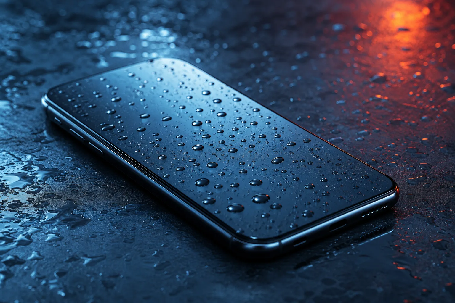 Dark smartphone lying face-up on a wet surface, covered in water droplets, lit by blue and orange ambient light.